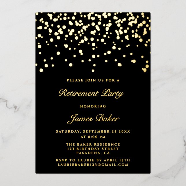 Elegantes Script Retirement Party Black & Gold Folieneinladung (Vorderseite)