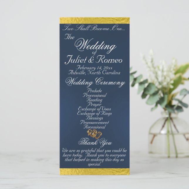 Elegantes Script & Ribbon - Blue/Gold Wedding Programm (Stehend Vorderseite)