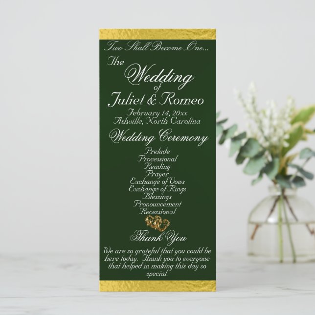 Elegantes Script & Ribbon - Emerald/Gold Wedding Programm (Stehend Vorderseite)