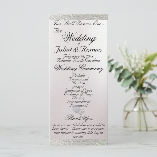 Elegantes Script & Ribbon - White/Silver Wedding Programm (Stehend Vorderseite)