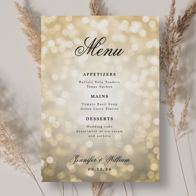 Elegantes Script Romantic Wedding Gold Bokeh Light Menükarte (Elegant Script Romantic Wedding Gold Bokeh Lights Menu)
