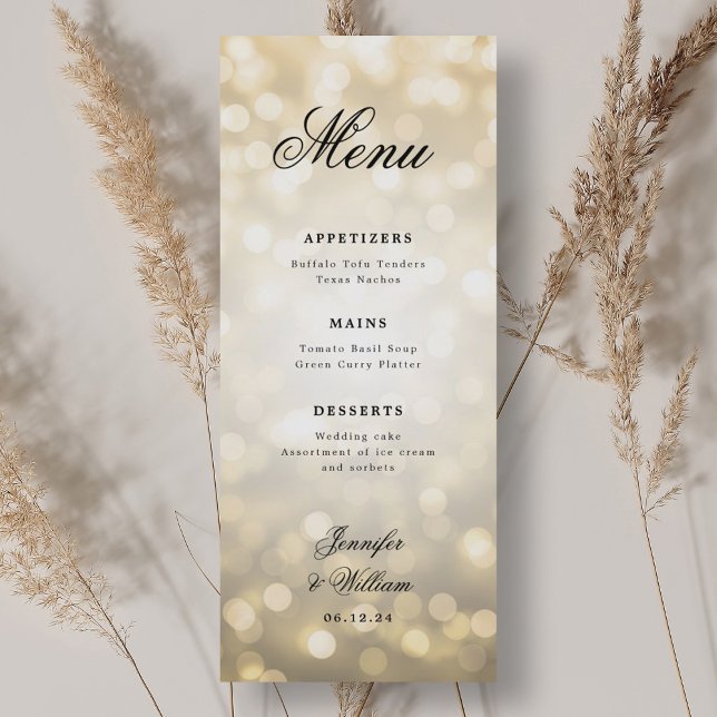 Elegantes Script Romantic Wedding Gold Bokeh Light Menükarte (Elegant Script Romantic Wedding Gold Bokeh Lights Menu)