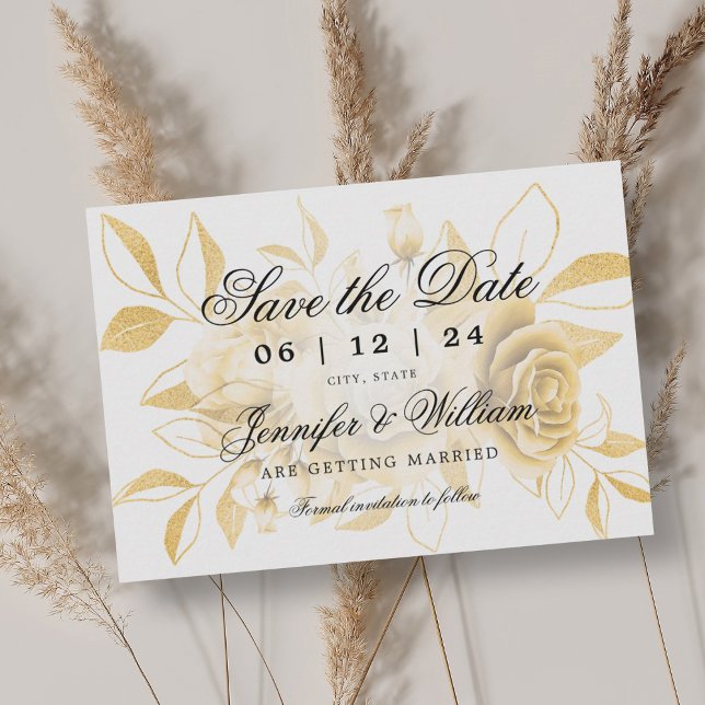 Elegantes Script Romantic Wedding Gold Floral Save The Date (Elegant Script Romantic Wedding Gold Floral Save The Date)