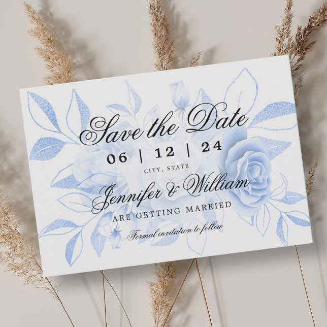 Elegantes Script Romantic Wedding Navy Floral Save The Date (Elegant Script Romantic Wedding Navy Floral Save The Date)