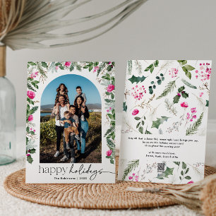 Elegantes Script Rosa Grüne Foliage Arch 1 Foto Feiertagskarte