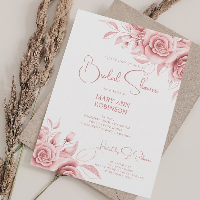 Elegantes Script-Rose Gold Floral Brautparty Einladung (Elegant Script Rose Gold Floral Bridal Shower Invitation)