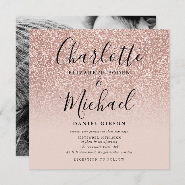 Elegantes Script Rose Gold Glitzer Wedding Foto Einladung (Vorne/Hinten)