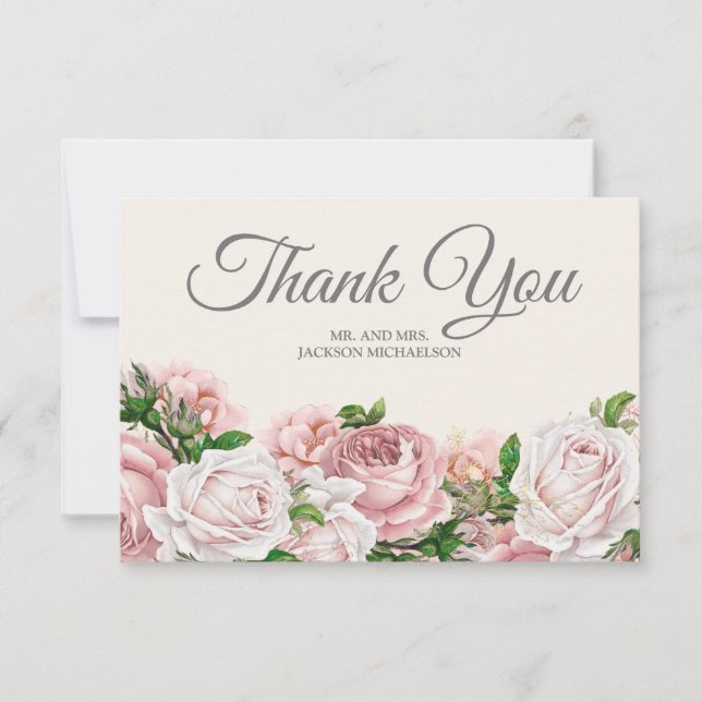 Elegantes Script Roses Cream Wedding Vielen Dank Dankeskarte (Vorderseite)