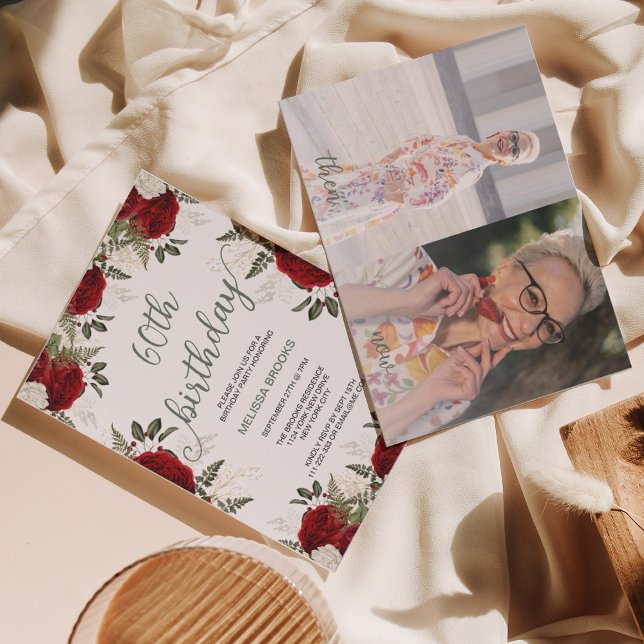 Elegantes Script Rote Rose Foto 60. Geburtstag Einladung (Von Creator hochgeladen)