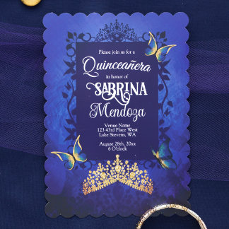 Elegantes Script, Royal Blue Quinceanera, Gold Tia Einladung