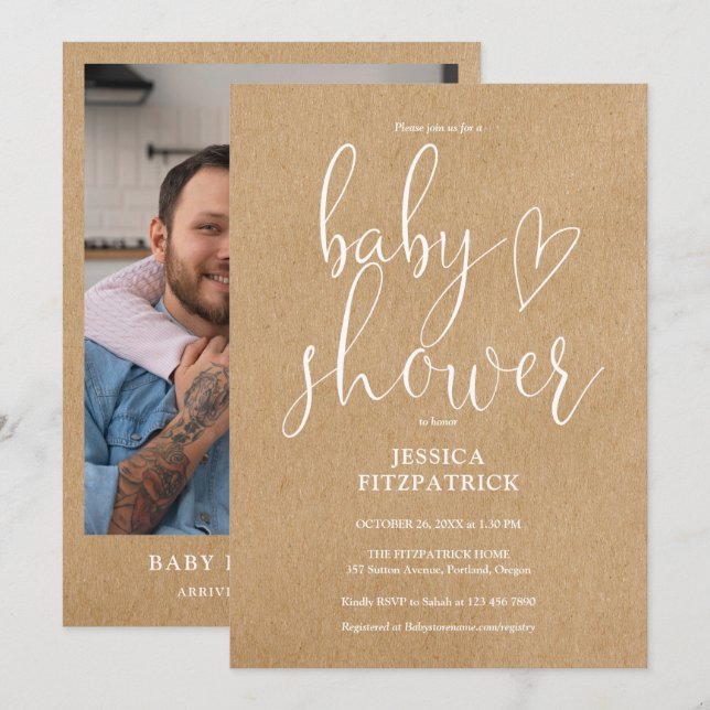 Elegantes Script Rustic Kraft Foto Baby Shower Einladung (Vorne/Hinten)