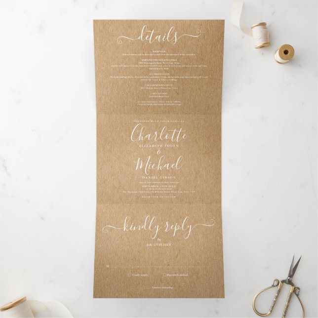 Elegantes Script Rustic Kraft Foto Hochzeit Dreifach Gefaltete Einladung (Innenseite)