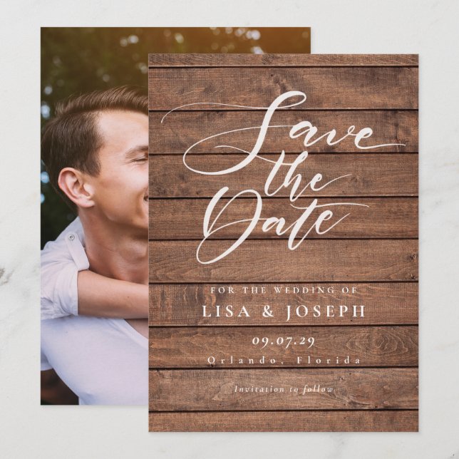 Elegantes Script Rustic Wood Foto Hochzeit Save The Date (Vorne/Hinten)