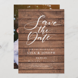 Elegantes Script Rustic Wood Foto Hochzeit Save The Date