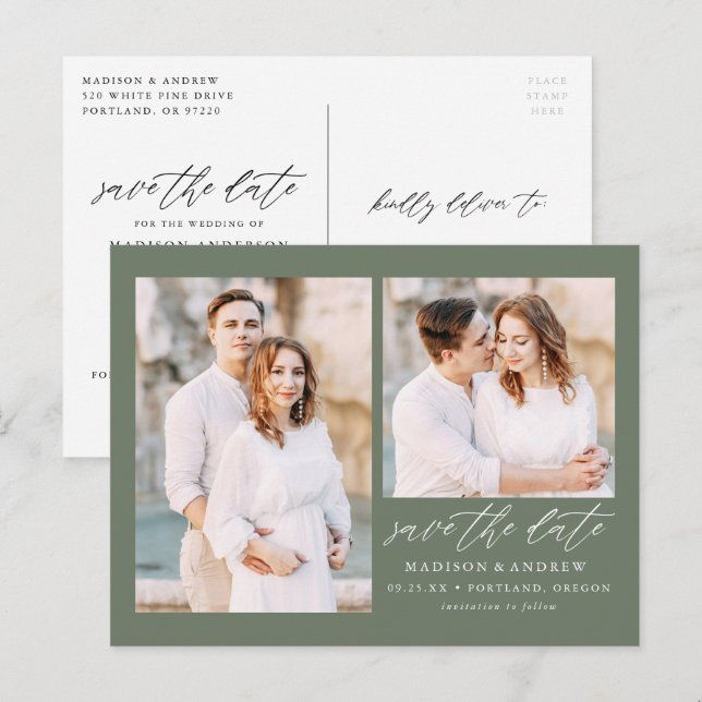 Elegantes Script Sage Green 2 Foto Save the Date Ankündigungspostkarte (Vorne/Hinten)