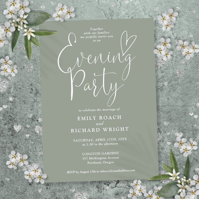 Elegantes Script Sage Green Wedding Abend Party Einladung (Elegant Script Sage Green Wedding Evening Party Invitation)