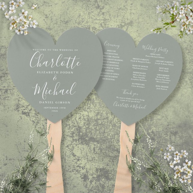 Elegantes Script Sage Green Wedding Program Herz Fächer (Elegant Script Sage Green Wedding Program Heart Hand Fan)