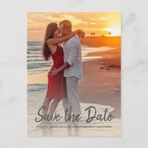 Elegantes Script Save the Date Verlobung Foto Ankündigungspostkarte