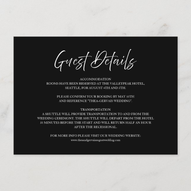 Elegantes Script Schwarz Minimal Wedding Guest Det Begleitkarte (Vorderseite)