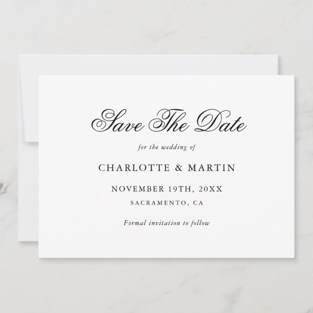 Elegantes Script Schwarz und Weiß Minimalistisch H Save The Date (Vorderseite)