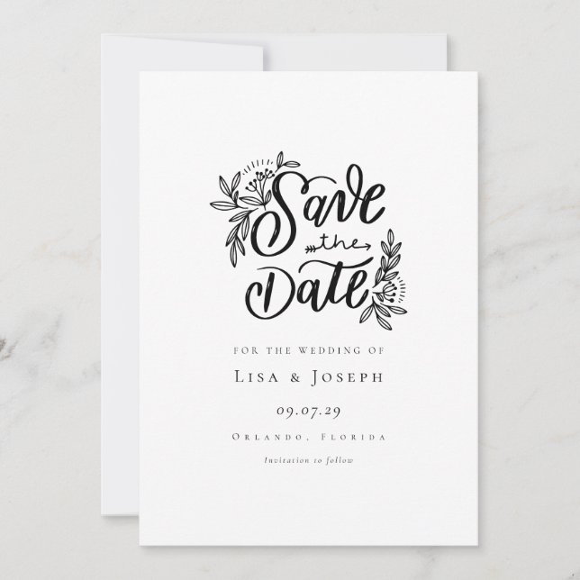 Elegantes Script, Schwarz und Weiß Save the Date Einladung (Vorderseite)
