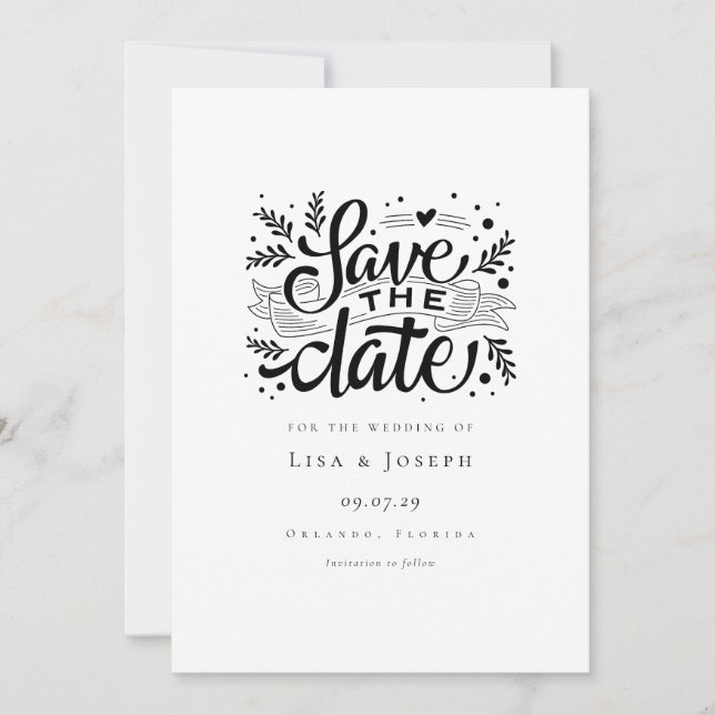 Elegantes Script, Schwarz und Weiß Save the Date Einladung (Vorderseite)