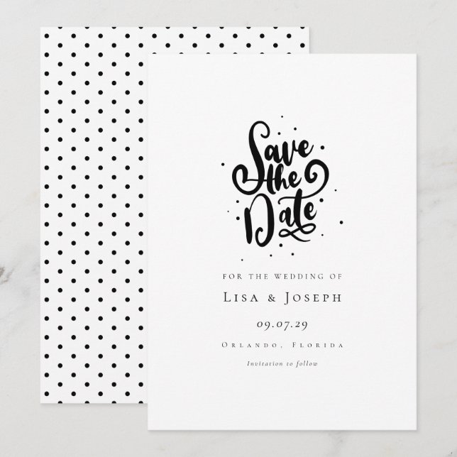 Elegantes Script, Schwarz und Weiß Save the Date Einladung (Vorne/Hinten)
