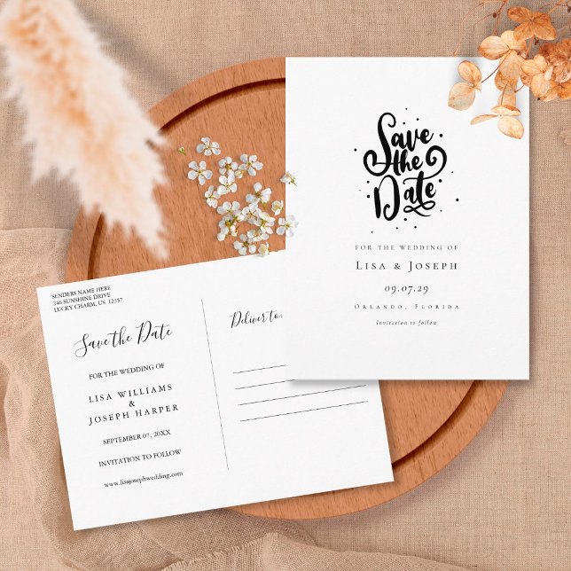 Elegantes Script, Schwarz und Weiß Save the Date Postkarte (Von Creator hochgeladen)