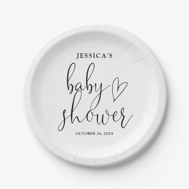 Elegantes Script Schwarz-Weiß-Baby-Dusche Pappteller (Vorderseite)