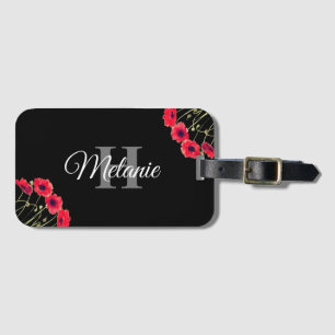 Elegantes Script Schwarz-weiß Girly Floral Monogra Gepäckanhänger