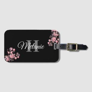 Elegantes Script Schwarz-weiß Girly Floral Monogra Gepäckanhänger
