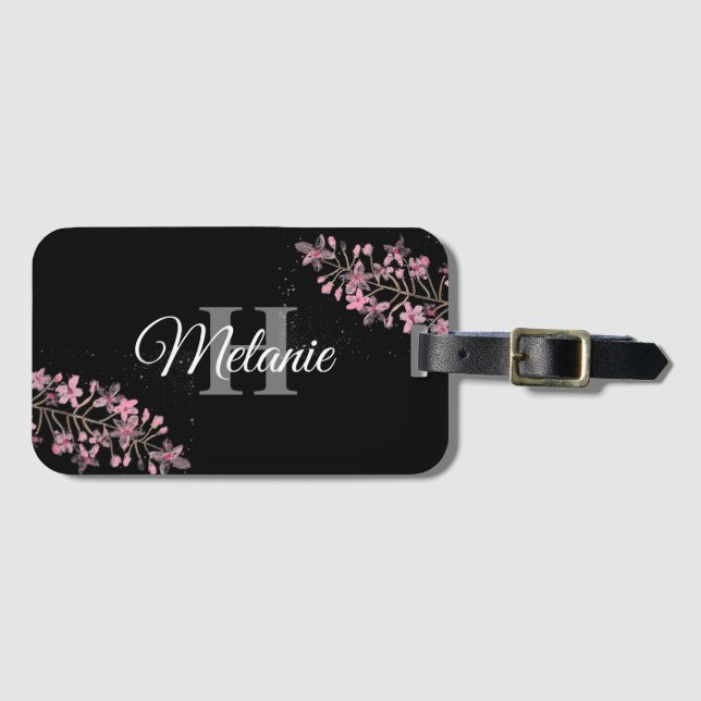 Elegantes Script Schwarz-weiß Girly Floral Monogra Gepäckanhänger (Vorderseite (Horizontal))