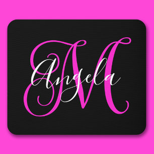 Elegantes Script Schwarz-weiß Hot Magenta Monogram Mousepad