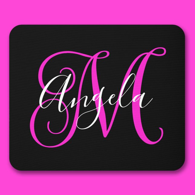 Elegantes Script Schwarz-weiß Hot Magenta Monogram Mousepad (Elegant Script Black White Hot Magenta Monogram Mouse Pad)