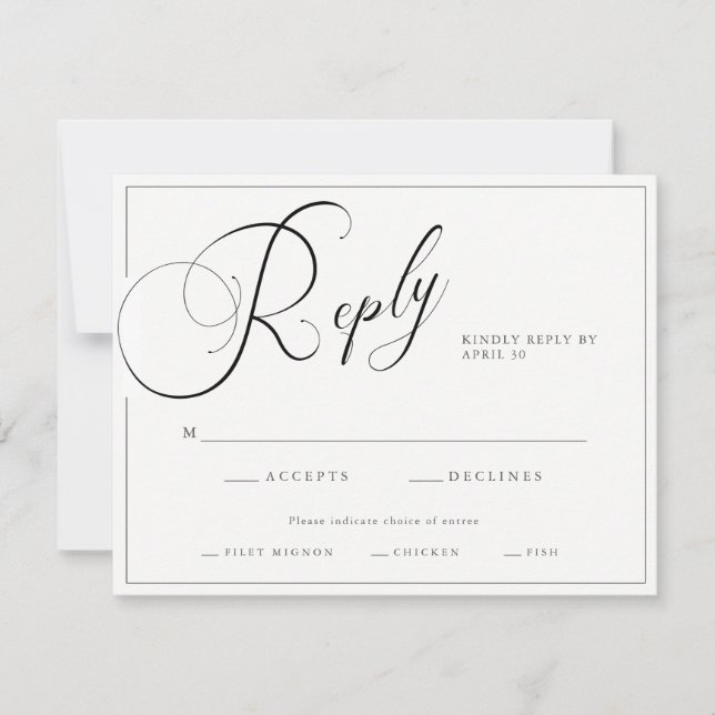 Elegantes Script Schwarz & Weiß mit Entrees Weddin RSVP Karte (Vorderseite)