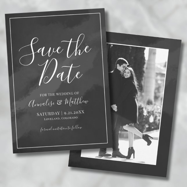 Elegantes Script Schwarz-weiß Save the Date Hochze Einladung (Elegant Script Black White Save the Date Wedding Invitation)