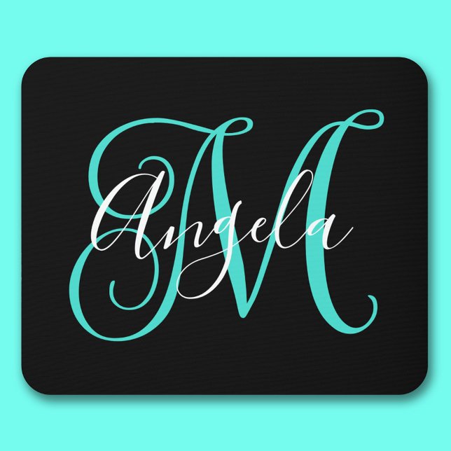 Elegantes Script Schwarz-weiß und Türkismonogramm Mousepad (Elegant Script Black White and Turquoise Monogram Mouse Pad)
