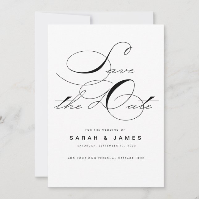 Elegantes Script Schwarz-weiß Wedding Save the Dat Date (Vorderseite)