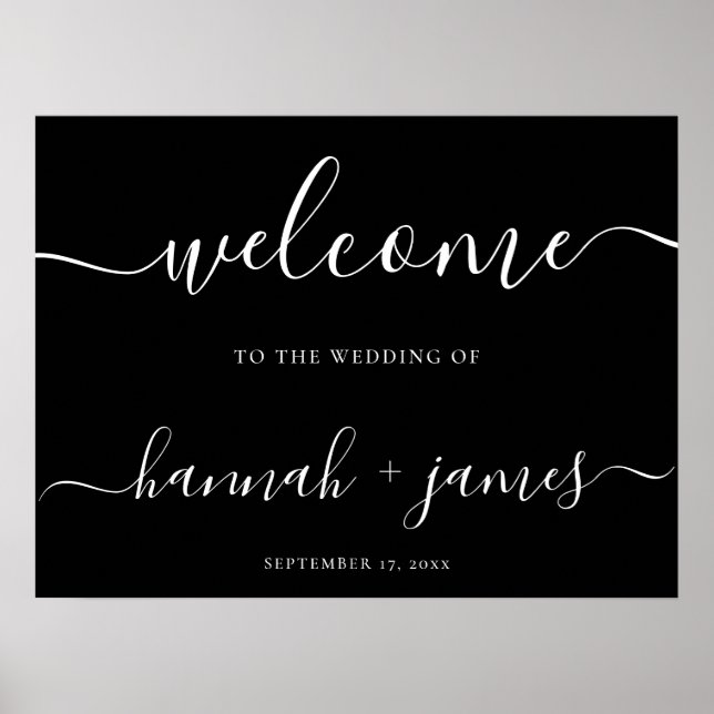 Elegantes Script Schwarz-weiß Wedding Welcome Sign Poster (Vorne)