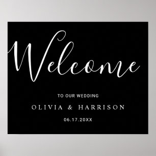 Elegantes Script Schwarz-weiß Wedding Welcome Sign Poster