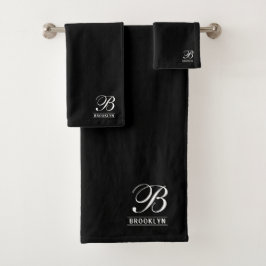 Elegantes Script Serif Monogram Black Badhandtuch Set