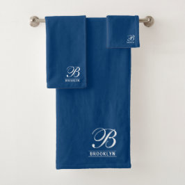 Elegantes Script Serif Monogram Navy Blue Badhandtuch Set