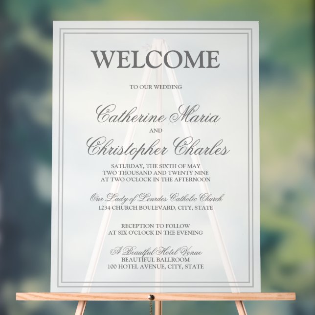 Elegantes Script Silver Border Wedding Willkommen Acrylschild (Neutral)
