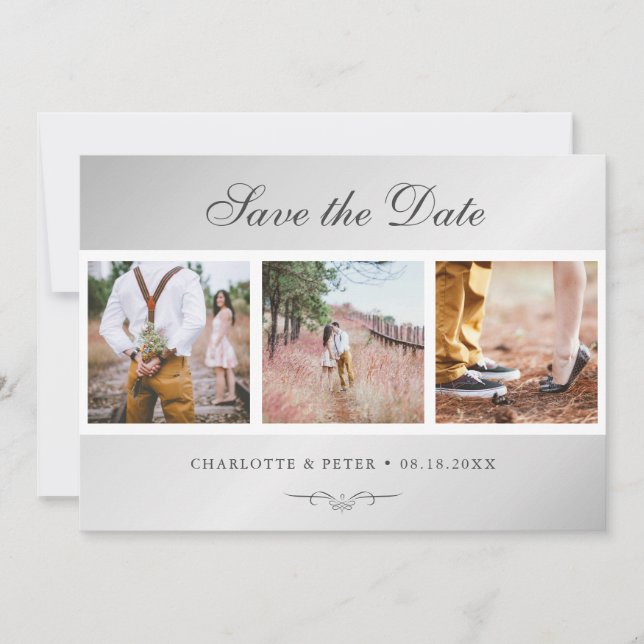 Elegantes Script Silver Wedding 3 Foto Save The Date (Vorderseite)