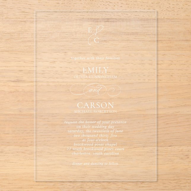 Elegantes Script Simple Monogram Modern Wedding Acryleinladungen (Vorderseite)