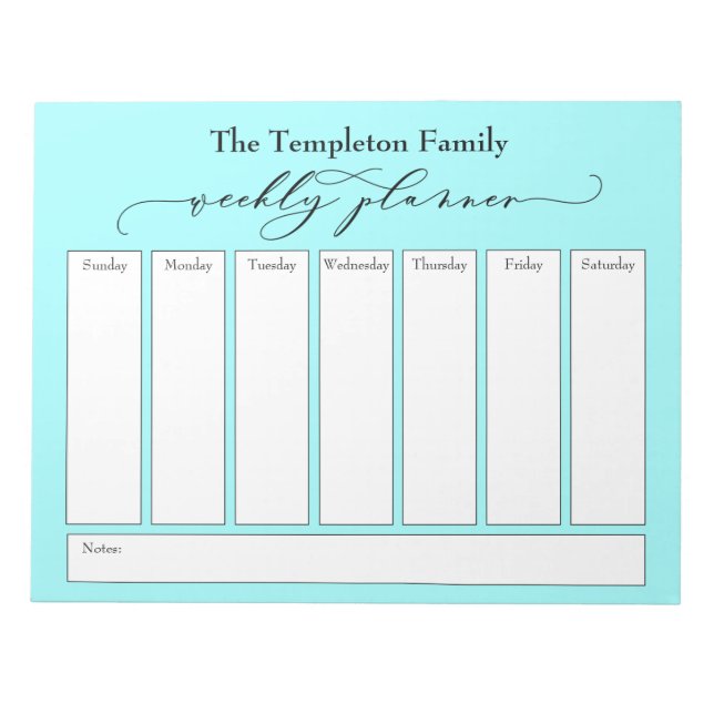 Elegantes Script Simple Weekly Planner, Light Aqua Notizblock (Vorderseite)