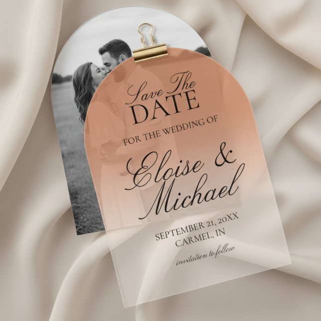 Elegantes Script Terracotta Gradient Save the Date Acryleinladungen (Invite guests to mark their calendars with this Elegant Script Gradient Wedding Acrylic Invitation!)