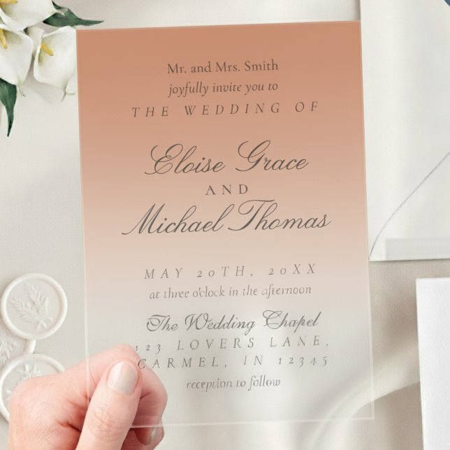 Elegantes Script Terracotta Gradient Wedding Acryleinladungen (Invite guests to your big day with this Elegant Script Gradient Wedding Acrylic Invitation!)