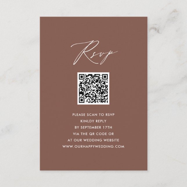 Elegantes Script Terracotta Simple QR Wedding RSVP Begleitkarte (Vorderseite)