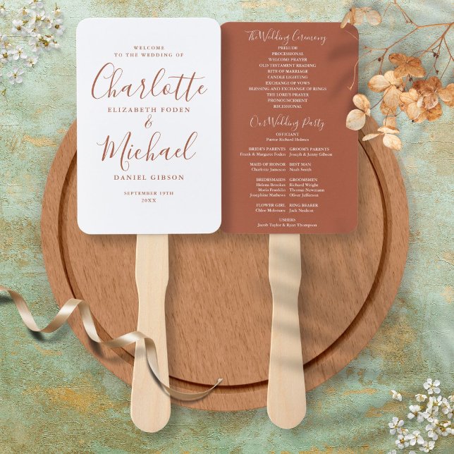 Elegantes Script Terracotta Wedding Program Fächer (Elegant Script Terracotta Wedding Program Hand Fan)